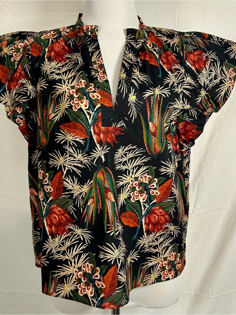 Ulla Johnson Klara Floral Puff-Sleeve Split-Neck Top